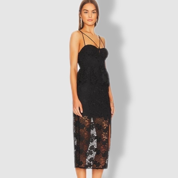 LPA Dresses & Skirts - LPA woman’s XL Madonna black lace corset peplum midi dress with spaghetti straps